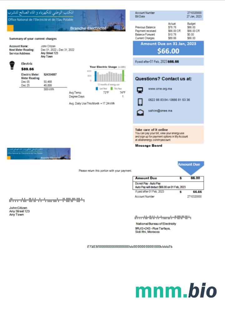 Maroko National Bureau of Electricity rachunek za media Word i PDF template